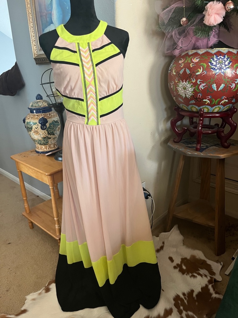 GB girls Pink Maxi Dress with Neon Lime & Black Trim